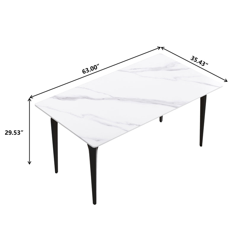 63" Modern Artificial Stone White Straight Edge Black Metal Leg Dining Table, 6 People - White / Black