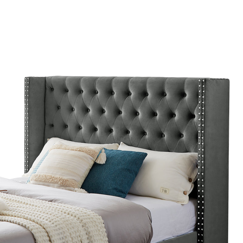 B100S Queen bed,  Button designed Headboard, strong wooden slats + metal support feet, Gray Flannelette