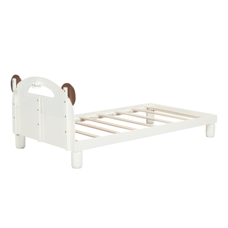 Twin Size Platform Bed with Bear Ears Shaped Headboard and LED, Cream White