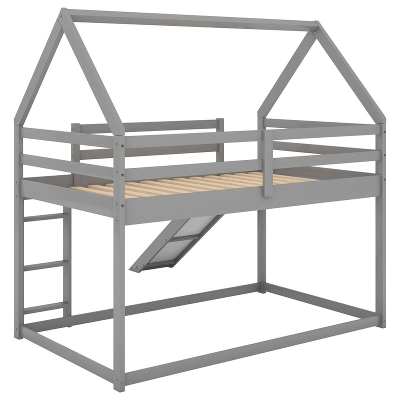 Twin Size Bunk House Bed with Slide and Ladder,Gray