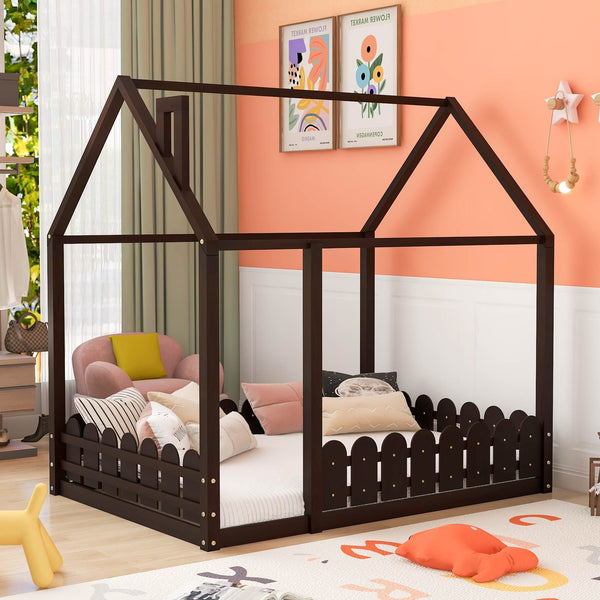 (Slats are not included)Full Size Wood Bed House Bed Frame with Fence,for Kids,Teens,Girls,Boys (Espresso )(OLD SKU:WF281294AAP)