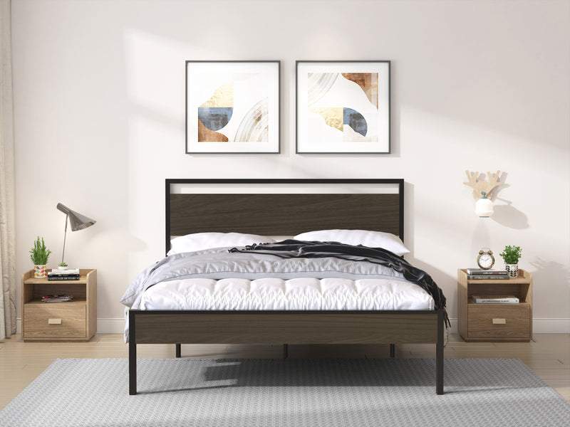 Ceres Metal Bed, Black with Walnut Wood Headboard&Footboard, Queen