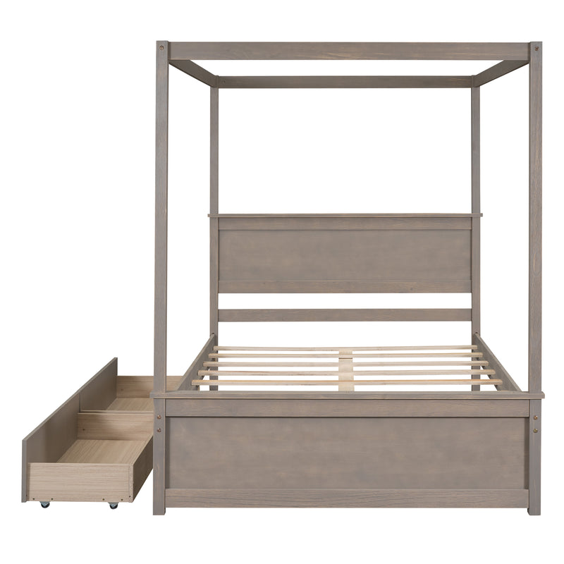 Wood Canopy Bed with two Drawers, Full Size Canopy Platform bed With Support Slats .No Box Spring Needed, Brushed Light Brown