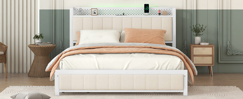 Queen Bed Frame with LED Headboard, Upholstered Bed with 4 Storage Drawers and USB Ports, Beige