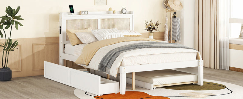 Queen Size Elegant Bed Frame with Rattan Headboard and Sockets ,White