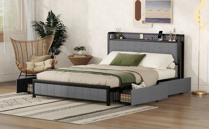 Queen Bed Frame with LED Headboard, Upholstered Bed with 4 Storage Drawers and USB Ports, Light Grey