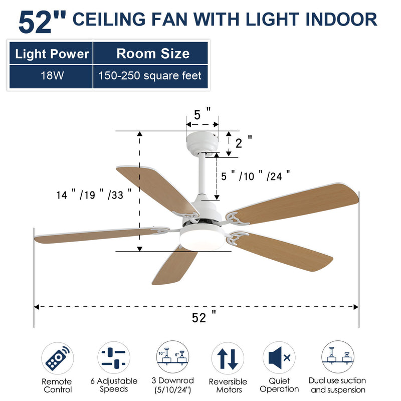 Indoor Modern 52" Ceiling Fan With Dimmable 6 Speed Wind 5 Blades Remote Control Reversible Dc Motor With LED Light - White