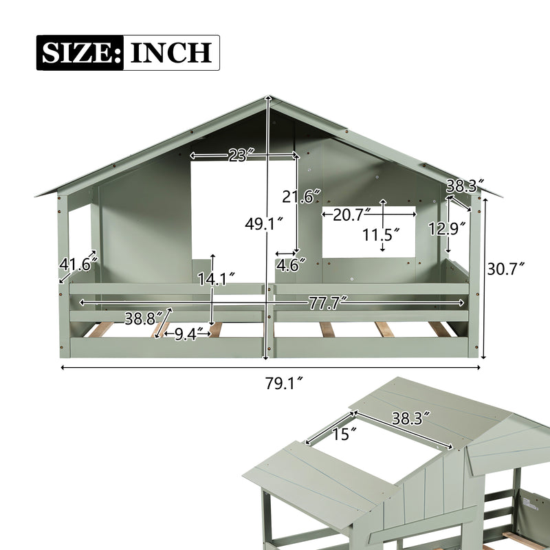 Wood Twin Size House Bed with Roof, Window and Guardrail, Light Green