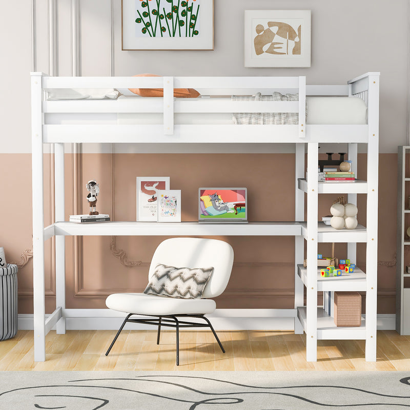 Twin Size Loft Bed with Storage Shelves and Under-bed Desk, White