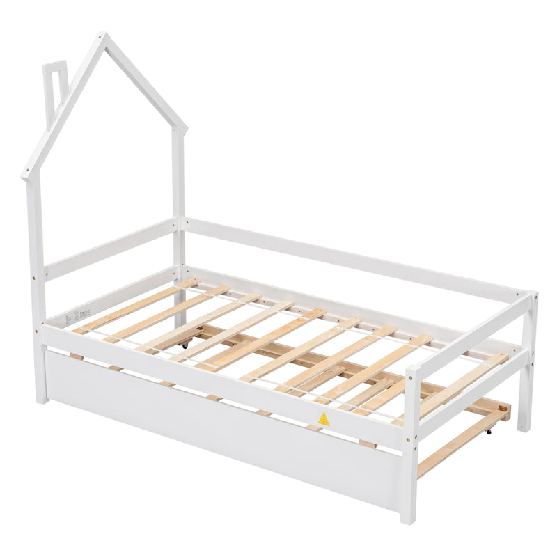 Twin House Wooden Daybed with trundle, Twin House-Shaped Headboard  bed with Guardrails,White