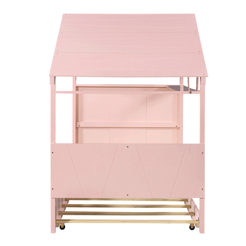 Wood Twin Size House Bed with Trundle and Storage, Pink