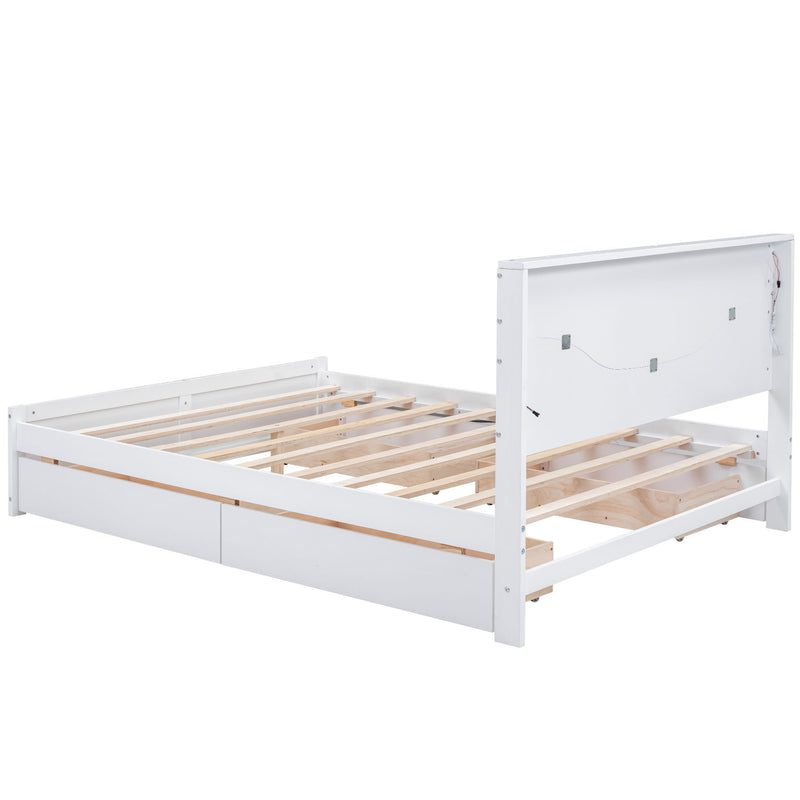 Queen Size Wood Storage Platform Bed with LED and 4 Drawers, White