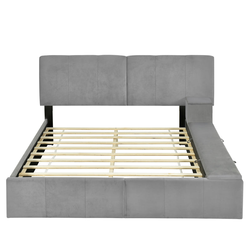 Queen Size Upholstered Platform Bed with Lateral Storage Compartments and Thick Fabric, Velvet, Gray