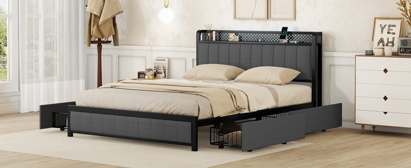 Queen Bed Frame with LED Headboard, Upholstered Bed with 4 Storage Drawers and USB Ports, Dark Grey