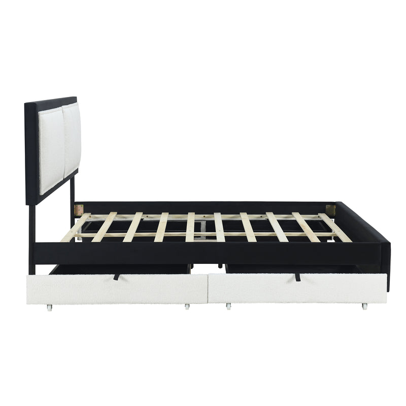 Queen Size Upholstered Platform Bed with Large Rivet-decorated Backrests and 4 Drawers, Velvet matched with Teddy Fleece, Black+White