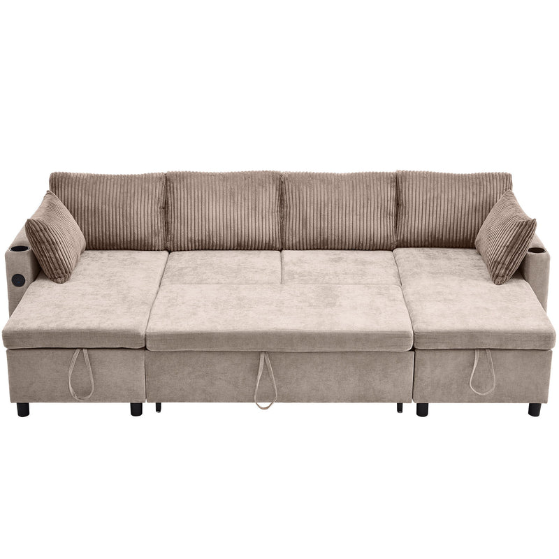 Sectional Sofa Pull Out Sofa Bed Versatile Sofa Sleeper With Large Storage Space, Two USB Ports And Two Cup Holders For Living Room