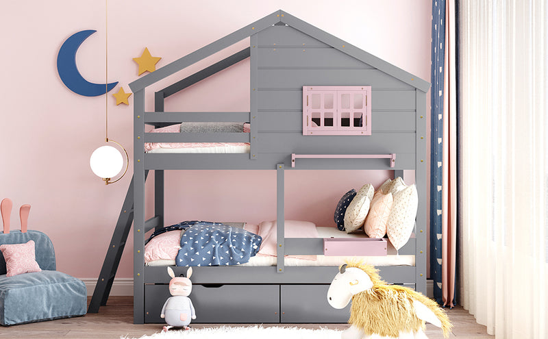 Twin over Twin Bunk Bed with 2 Drawers, 1 Storage Box, 1 Shelf, Window and Roof-Gray(OLD SKU:LT000608AAE)