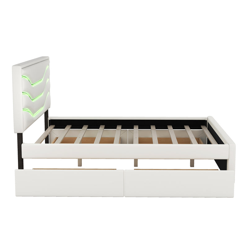 Queen Size Upholstered Storage Platform Bed with LED, 4 Drawers and USB Charging, White