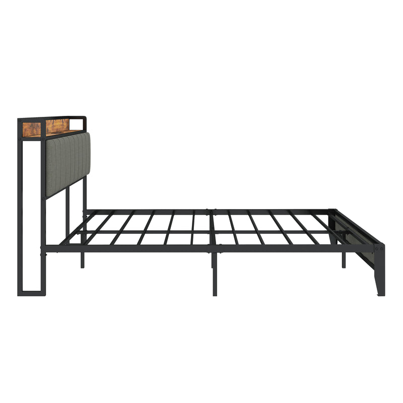 Queen Size Bed Frame with Charging Station, Upholstered Headboard, Metal Platform, Dark Grey