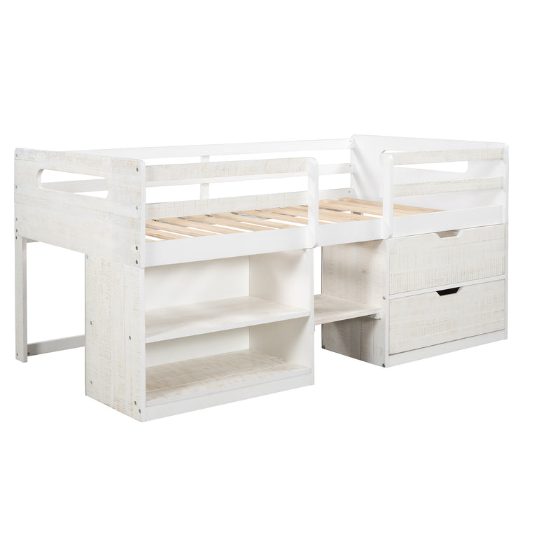 Twin size Loft Bed with Two Shelves and Two drawers (Antique White)