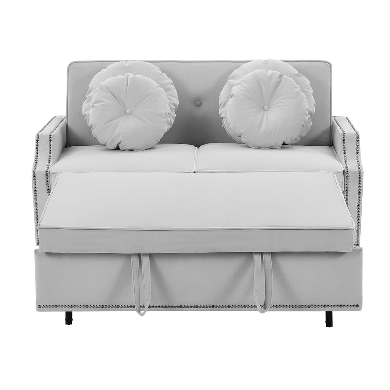 Multiple Adjustable Positions Sofa Bed Stylish Sofa Bed With A Button Tufted Backrest, Two USB Ports And Four Floral Lumbar Pillows For Living Room, Bedroom, Or Small Space