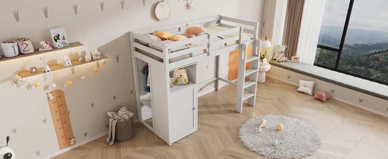 Twin Loft Bed with Wardrobe, Storage Shelves and Ladder, White