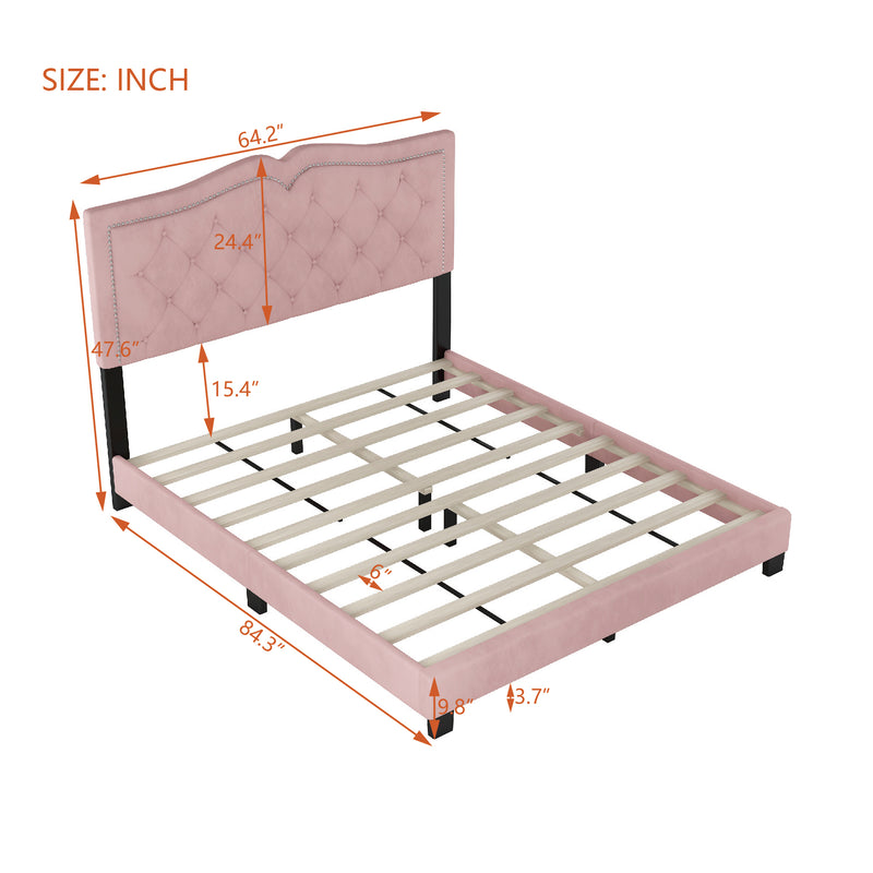 Queen Size Upholstered Bed Frame with Rivet Design, Modern Velvet Platform Bed with Tufted Headboard,Pink