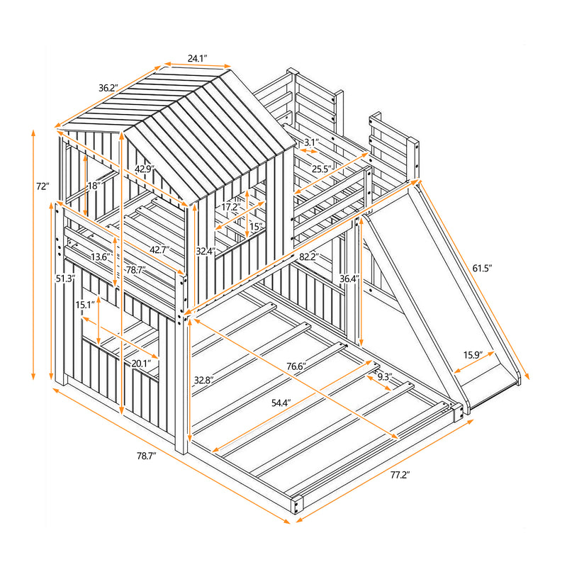 Wooden Twin Over Full Bunk Bed, Loft Bed with Playhouse, Farmhouse, Ladder, Slide and Guardrails, White(OLD SKU :LT000028AAK)