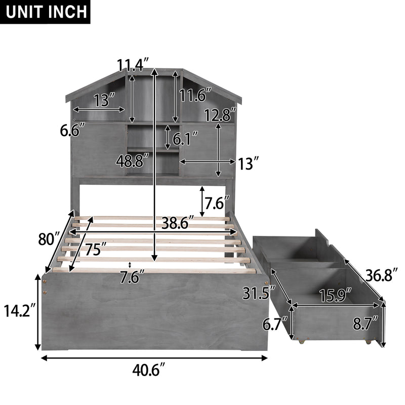 Twin Size Wood Platform Bed with House-shaped Storage Headboard and 2 Drawers, Gray