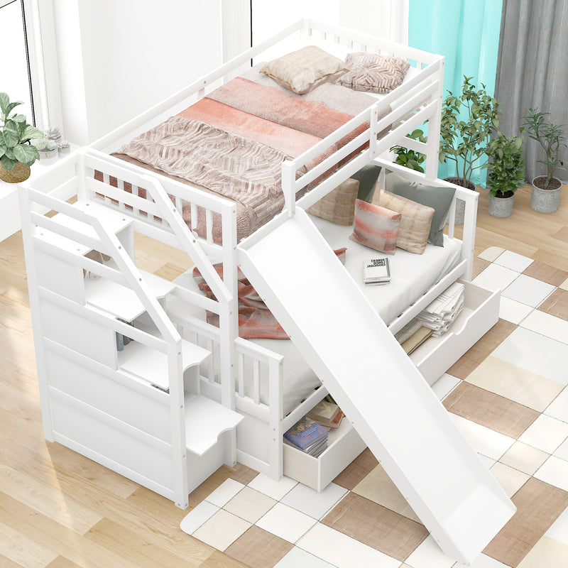 Twin over Full Bunk Bed with Drawers,Storage and Slide, Multifunction, White