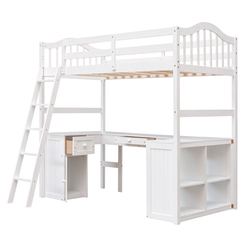 Twin size Loft Bed with Drawers, Cabinet, Shelves and Desk, Wooden Loft Bed with Desk - White(OLD SKU :LT000505AAK)