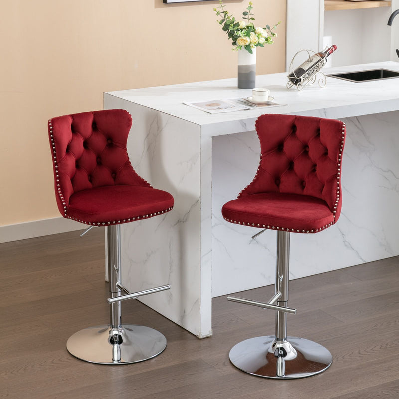 Swivel Velvet Barstools Adjusatble Seat Height From 25-33", Modern Upholstered Chrome Base Bar Stools With Backs Comfortable Tufted For Home Pub And Kitchen Island (Set of 2)