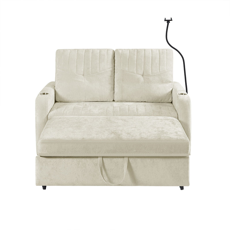 Modern Loveseat Pull Out Sofa Bed With Adjustable Backrest, Two Cup Holders, A Phone Holder, Three Charging Ports And Side Storage Pockets For Living Room