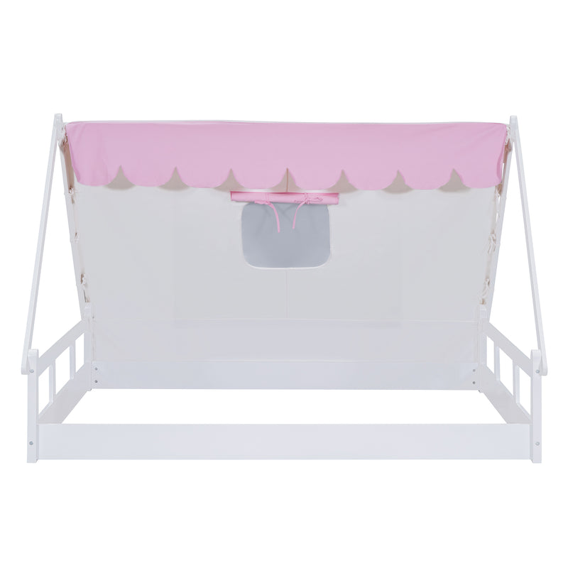 Wooden Full Size Tent Bed with Fabric for Kids,Platform Bed with Fence and Roof, White+Pink