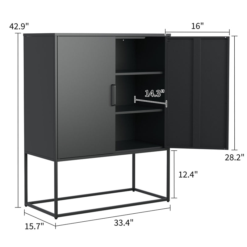 Heavy Duty Metal Buffet Sideboard Modern Steel Storage Cabinet With 2 Shelves, Free Standing Accent Cabinet With Magnetic Doors For Bedroom, Kitchen, And Home Office, Anti-Tip Design