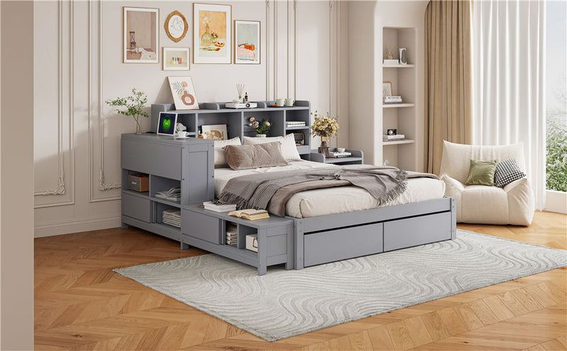 Platform Bed With Multi Functional Storage Space, Nightstand, 2 Drawers, USB Ports And Desk