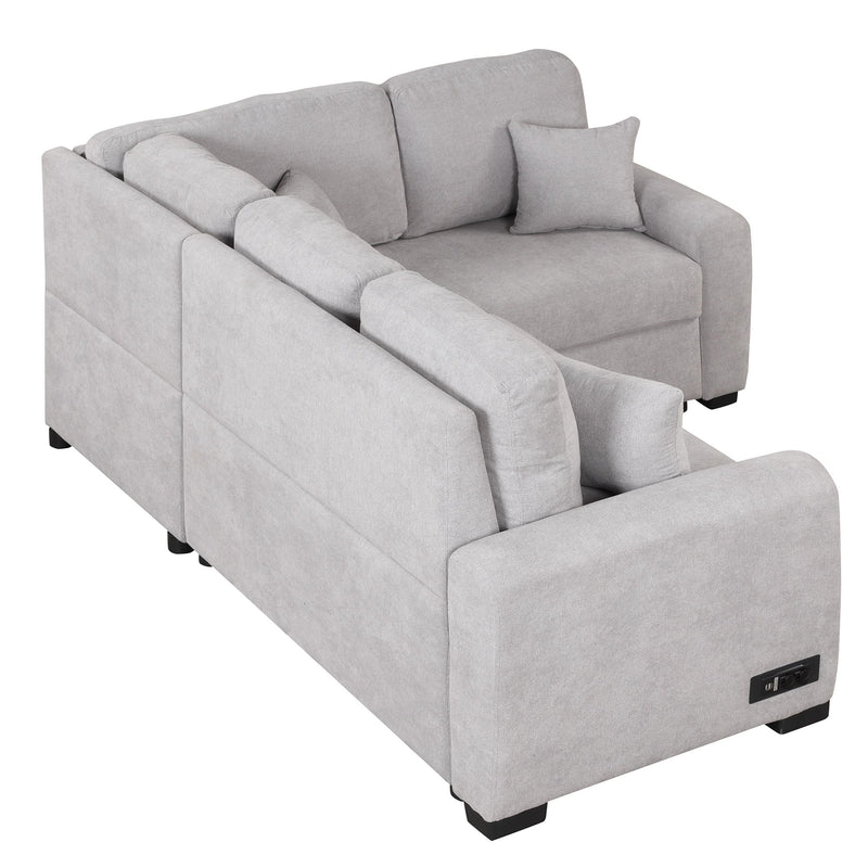 Sectional Sleeper Sofa With USB Charging Port And Plug Outlet, Pull-Out Sofa Bed With 3 Pillows, L-Shape Chaise For Living Room Small Apartment