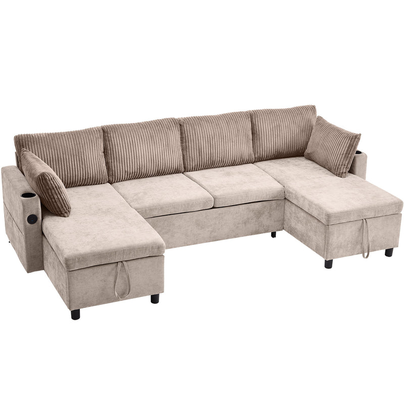 Sectional Sofa Pull Out Sofa Bed Versatile Sofa Sleeper With Large Storage Space, Two USB Ports And Two Cup Holders For Living Room