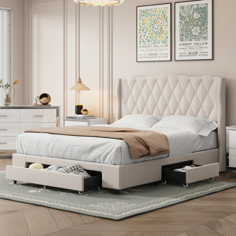 Upholstered Platform Bed with Tufted Headboard and 3 Drawers, No Box Spring Needed, Velvet Fabric, Queen Size Beige