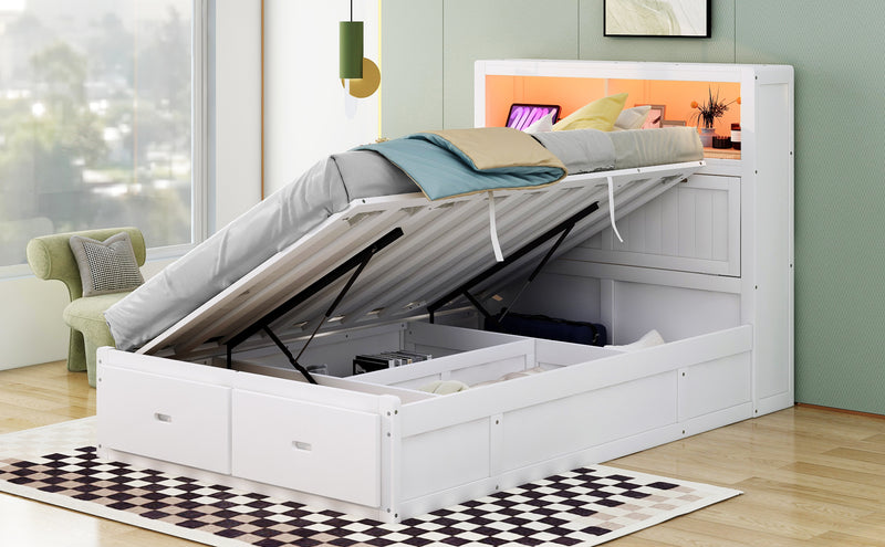 Wood Full Size Hydraulic Platform Bed with Storage LED Headboard, Charging Station and 2 Drawers, White