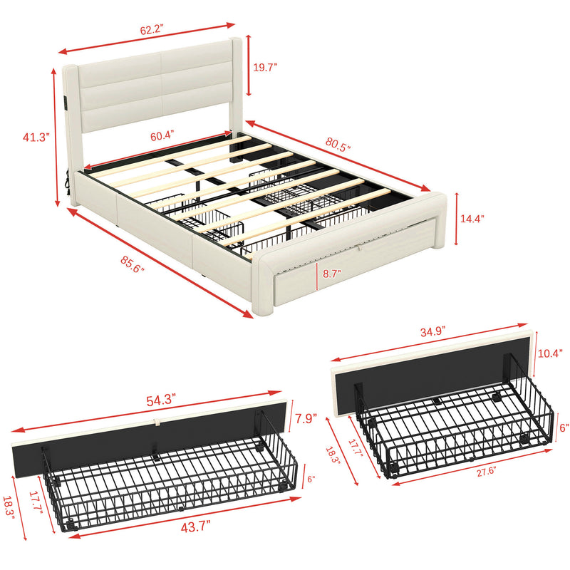 Queen Size Bed Frame with Drawers Storage, Leather Upholstered Platform Bed with Charging Station,Beige