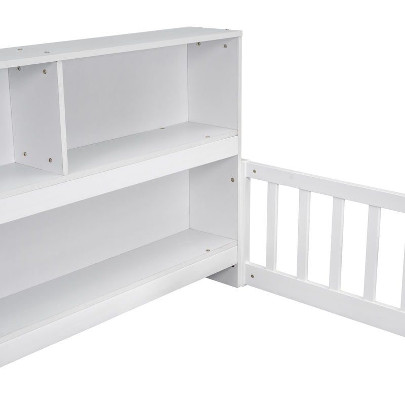 Twin Floor Bed with  Bedside Bookcase,Shelves,Guardrails,White