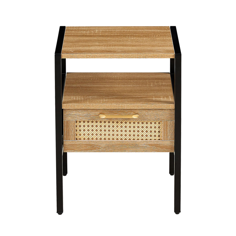 Rattan End Table With Drawer, Modern Nightstand, Metal Legs, Side Table For Living Room, Bedroom