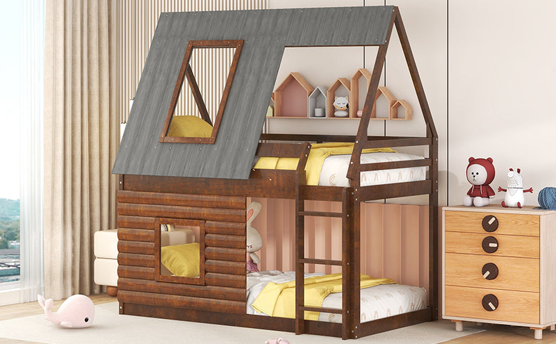 Wood Twin Size House Bunk Bed with Roof, Ladder and 2 Windows, Oak & Smoky Grey