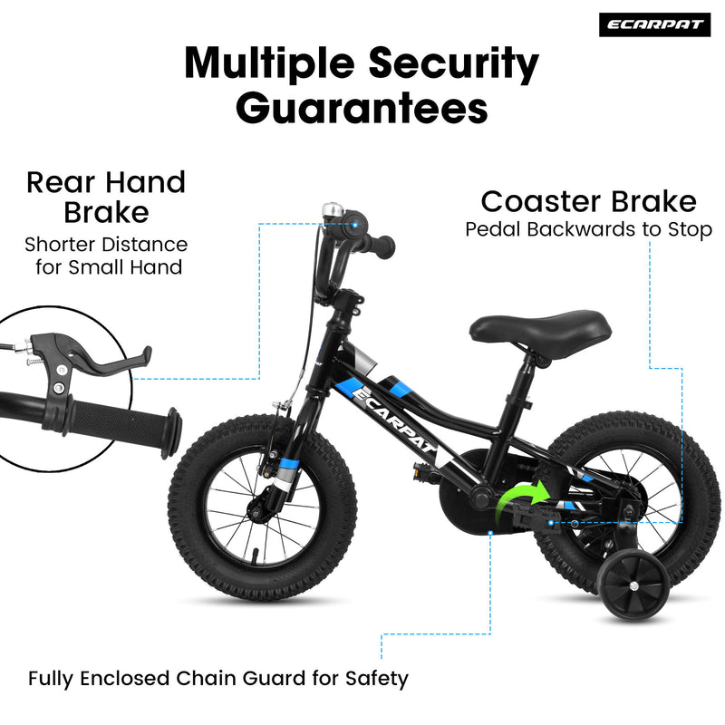 A12117 Kids' Bike 12" Wheels, 1 Speed Boys Girls Child Bicycles For 2 - 3 Years, With Removable Training Wheels Baby Toys, Front V Brake, Rear Holding Brake