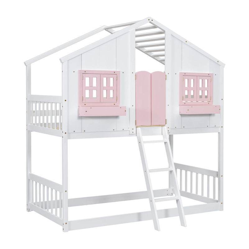 House Bunk Bed With Roof, Window, Window Box, Door, With Safety Guardrails And Ladder