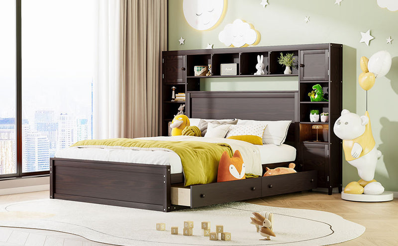 Queen Size Wooden Bed With All-in-One Cabinet, Shelf and Sockets, Espresso