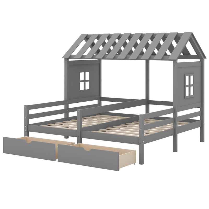 Twin Size House Platform Beds with Two Drawers for Boy and Girl Shared Beds, Combination of 2 Side by Side Twin Size Beds, Gray(old sku: GX000927AAE)