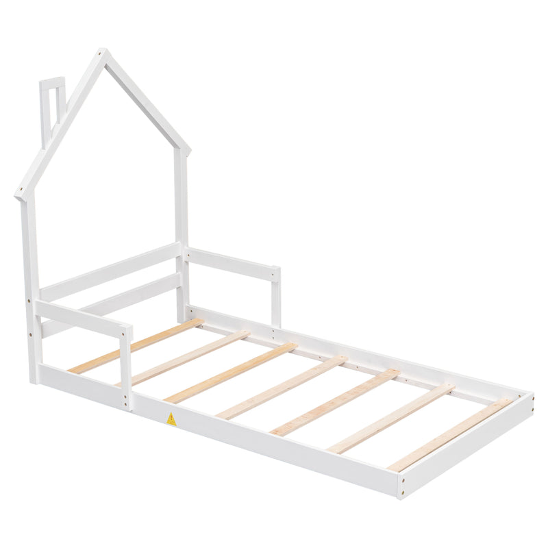 Twin House-Shaped Headboard Floor Bed With Handrails, Slats