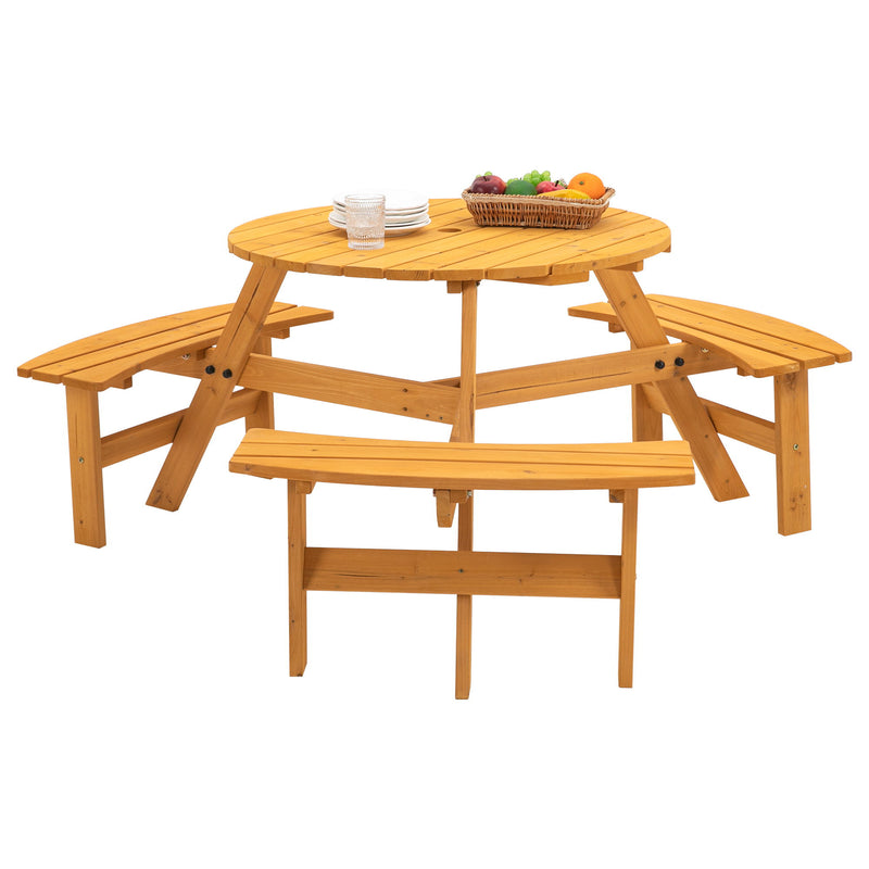 6 Person Circular Outdoor Wooden Picnic Table For Patio, Backyard, Garden, Diy With 3 Built-In Benches, 1720Lb Capacity